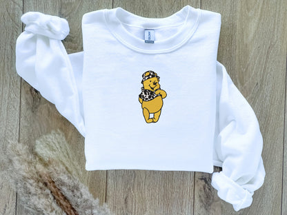 EMBROIDERED Cow Print Winnie the Pooh Sweatshirt, Fall Theme Crewneck, Custom Sweatshirt, Fall Sweater, Halloween Sweatshirt, Western Theme