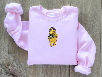 EMBROIDERED Cow Print Winnie the Pooh Sweatshirt, Fall Theme Crewneck, Custom Sweatshirt, Fall Sweater, Halloween Sweatshirt, Western Theme