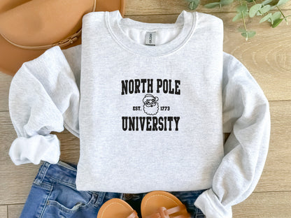 EMBROIDERED| North Pole University Sweatshirt, Christmas Sweater, Holiday Sweatshirt, Santa Reindeer Crewneck, Christmas Gift, School Sweate