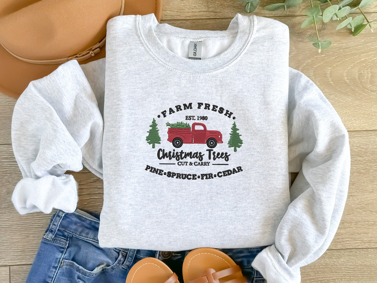 Christmas Farm Fresh Truck Embroidered Sweatshirt - Christmas Crewnecks - Custom Sweatshirt - Holiday Sweatshirt - Ugly Christmas Sweaters