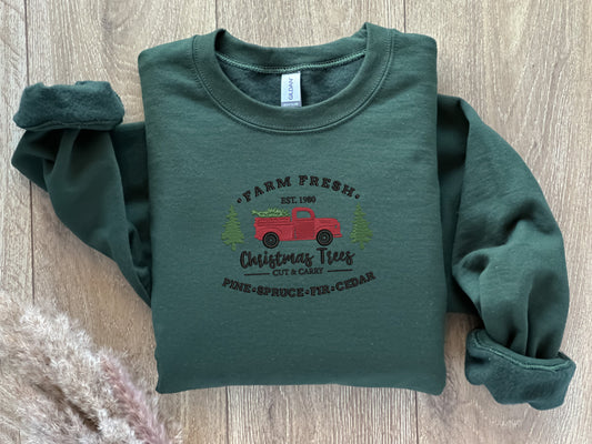 Christmas Farm Fresh Truck Embroidered Sweatshirt - Christmas Crewnecks - Custom Sweatshirt - Holiday Sweatshirt - Ugly Christmas Sweaters