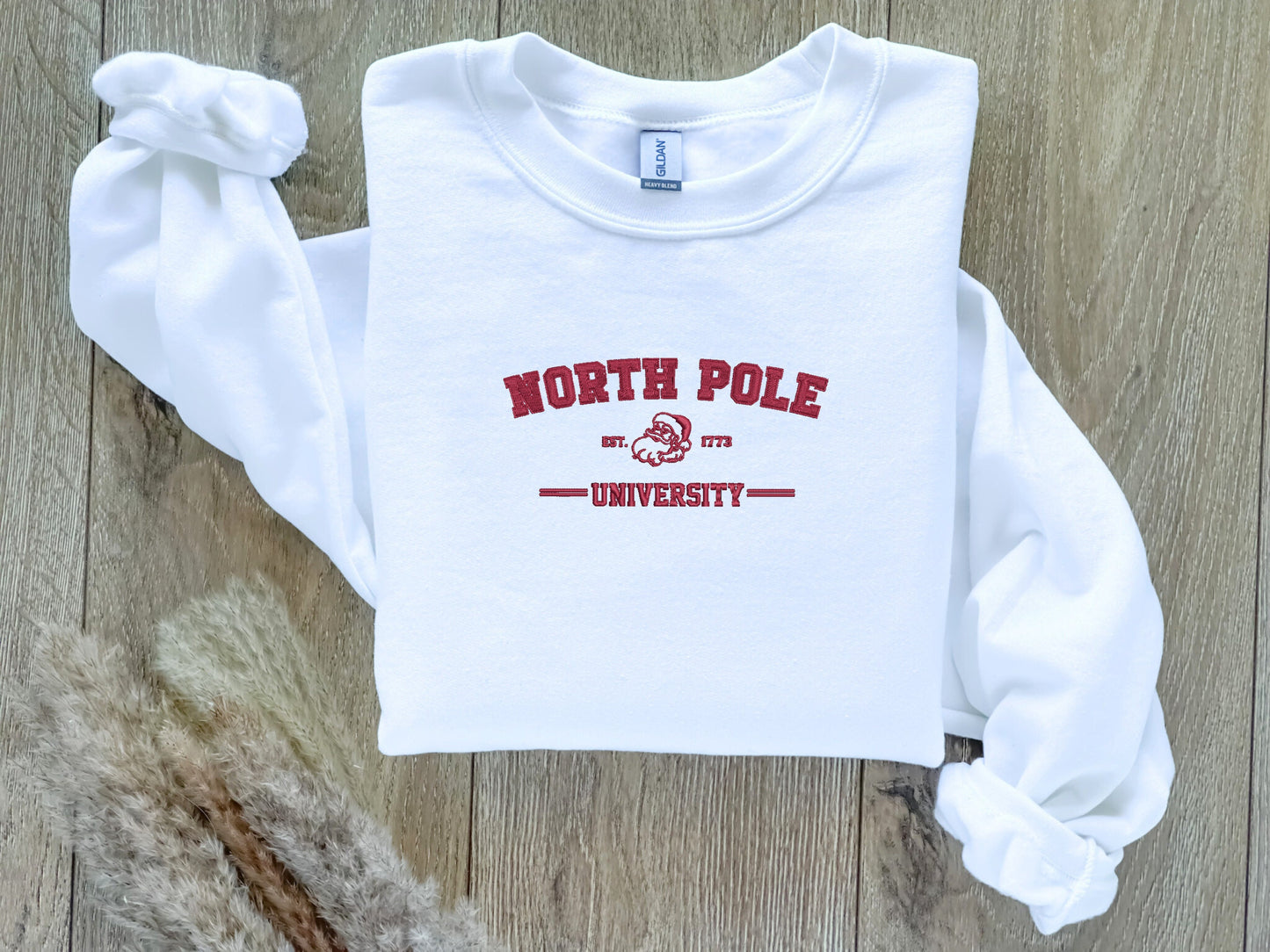 EMBROIDERED| North Pole University Sweatshirt, Christmas Sweater, Holiday Sweatshirt, Santa Reindeer Crewneck, Christmas Gift, School Sweate