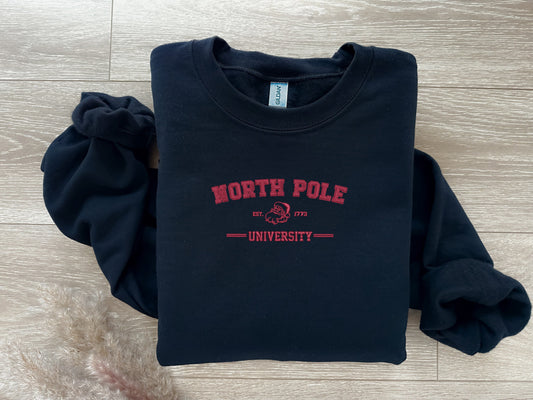 EMBROIDERED| North Pole University Sweatshirt, Christmas Sweater, Holiday Sweatshirt, Santa Reindeer Crewneck, Christmas Gift, School Sweate