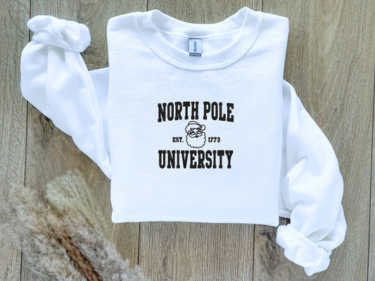 EMBROIDERED| North Pole University Sweatshirt, Christmas Sweater, Holiday Sweatshirt, Santa Reindeer Crewneck, Christmas Gift, School Sweate