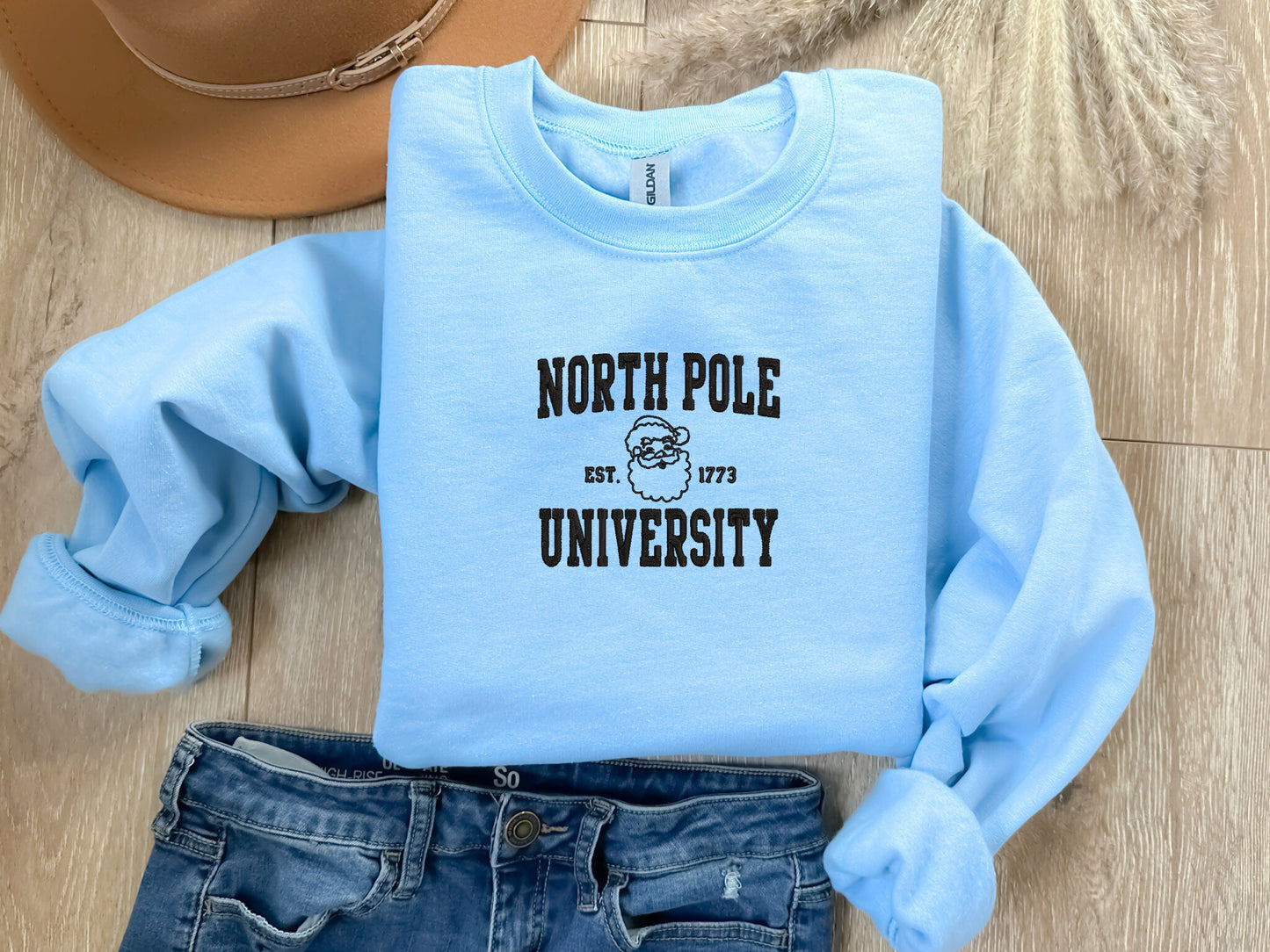 EMBROIDERED| North Pole University Sweatshirt, Christmas Sweater, Holiday Sweatshirt, Santa Reindeer Crewneck, Christmas Gift, School Sweate