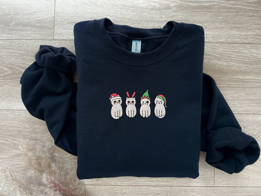 EMBROIDERED| Cartoon Christmas Cats Sweatshirt, Christmas Sweater, Gift for Cat Lovers, Holiday Sweaters, Cat Moms, Ugly Christmas Sweaters