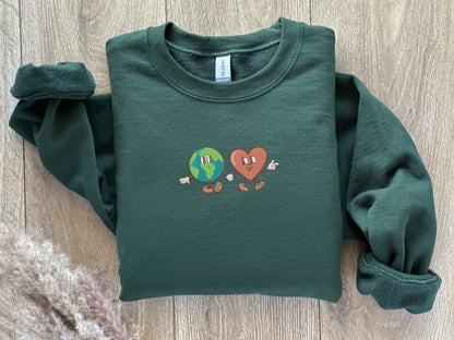 EMBROIDERED| Globe and Heart Sweatshirt, Global Warming, Climate Change, Recycle, Protect Earth, Love Earth Sweater, Custom Embroidery