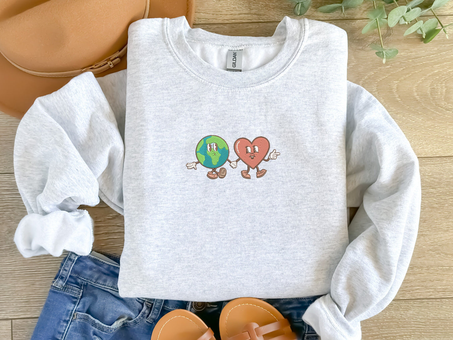 EMBROIDERED| Globe and Heart Sweatshirt, Global Warming, Climate Change, Recycle, Protect Earth, Love Earth Sweater, Custom Embroidery