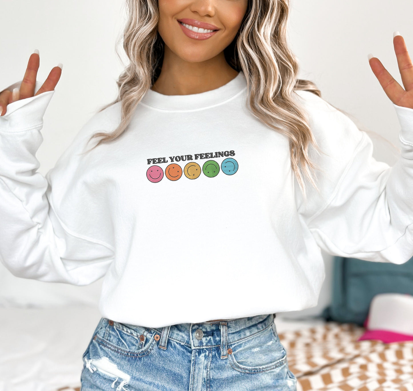 EMBROIDERED Feel Your Feelings Sweatshirt, Trendy Sweater, Mental Health Awareness, Emotional Crewneck, Sensitivity, Smiley Sweatshirt