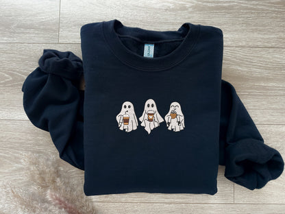 EMBROIDERED Ghost Coffee Sweatshirt, Halloween Tee, Cute Ghost Shirt, Fall Sweater, Cute Halloween Costume, Spooky Season, Gift for Coffee