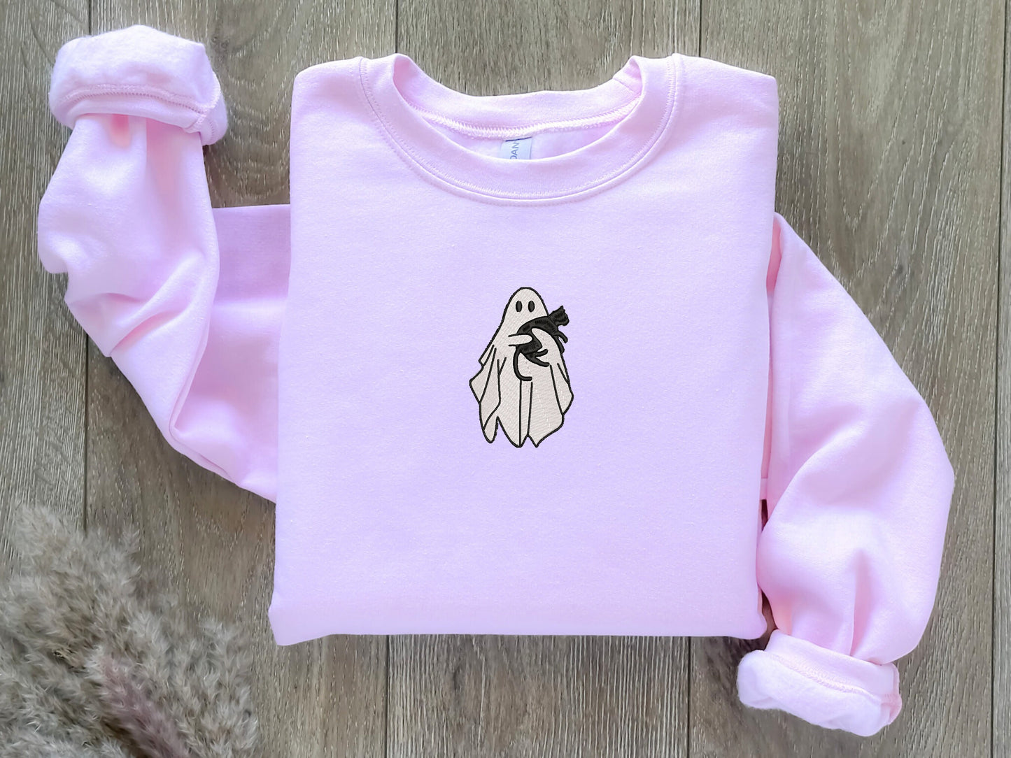 EMBROIDERED Ghost & Black Cat Sweatshirt, Halloween Sweatshirt, Fall Sweatshirt for Her, Ghost Shirt For Women, Spooky Season Cat Lover Gift