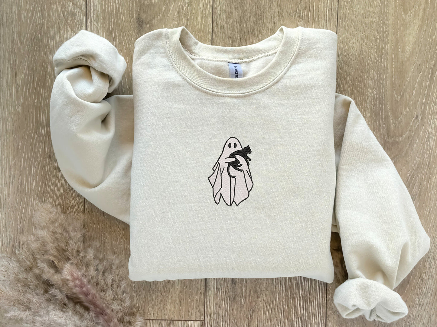 EMBROIDERED Ghost & Black Cat Sweatshirt, Halloween Sweatshirt, Fall Sweatshirt for Her, Ghost Shirt For Women, Spooky Season Cat Lover Gift