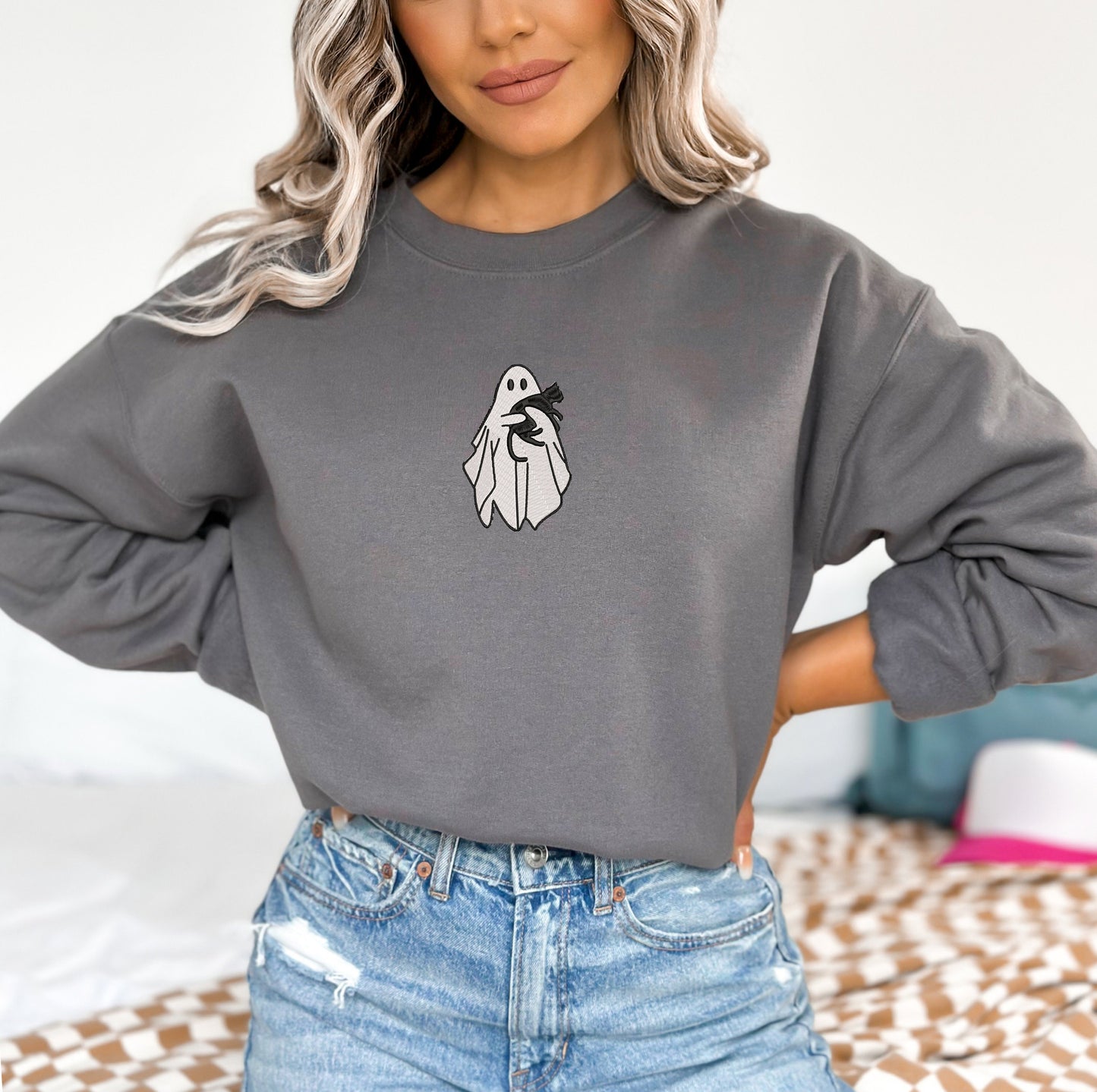 EMBROIDERED Ghost & Black Cat Sweatshirt, Halloween Sweatshirt, Fall Sweatshirt for Her, Ghost Shirt For Women, Spooky Season Cat Lover Gift