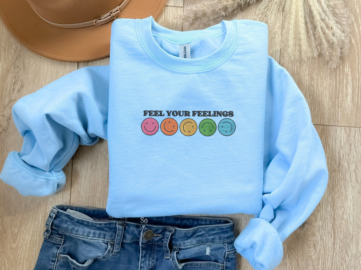 EMBROIDERED Feel Your Feelings Sweatshirt, Trendy Sweater, Mental Health Awareness, Emotional Crewneck, Sensitivity, Smiley Sweatshirt