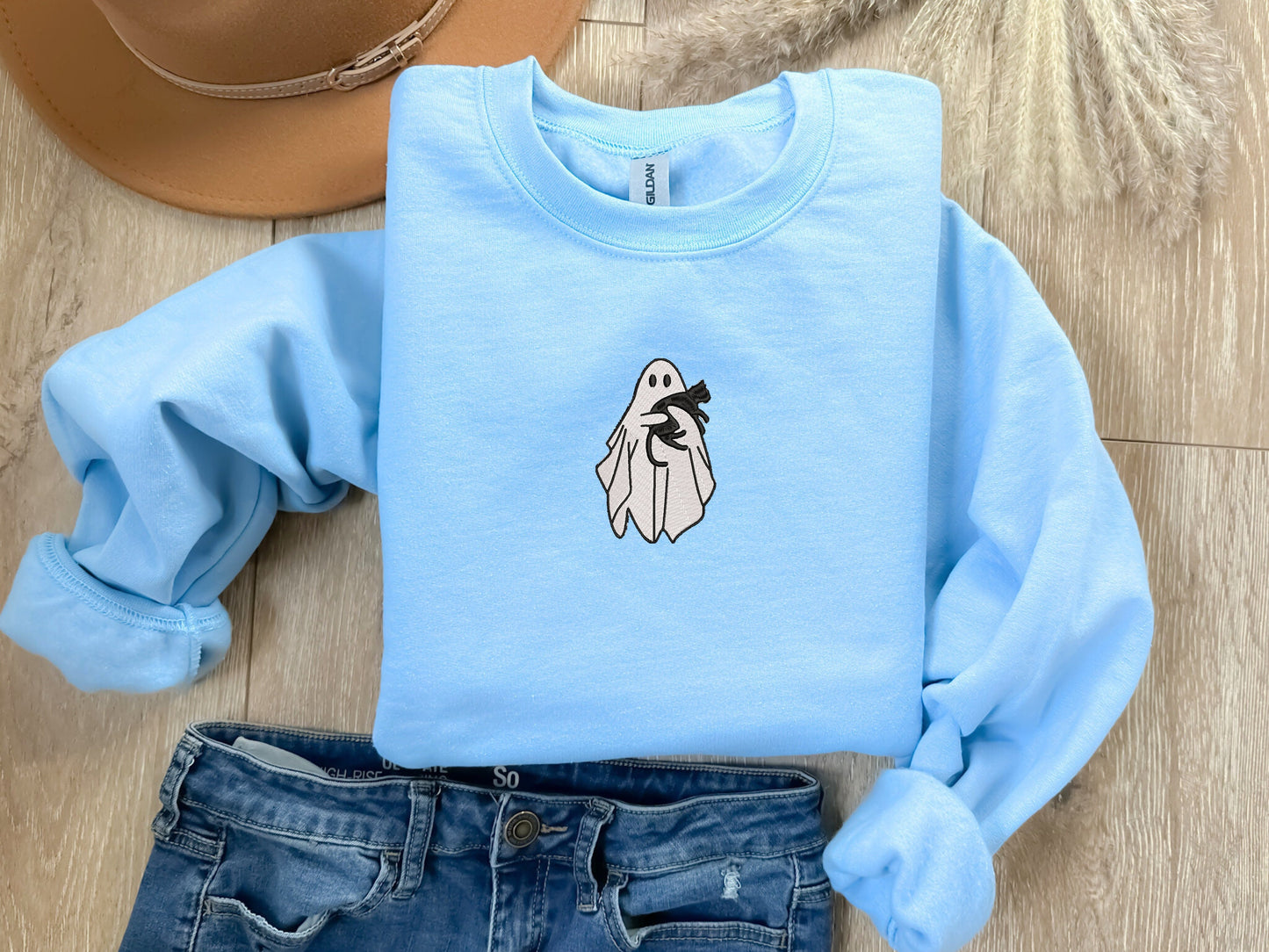 EMBROIDERED Ghost & Black Cat Sweatshirt, Halloween Sweatshirt, Fall Sweatshirt for Her, Ghost Shirt For Women, Spooky Season Cat Lover Gift