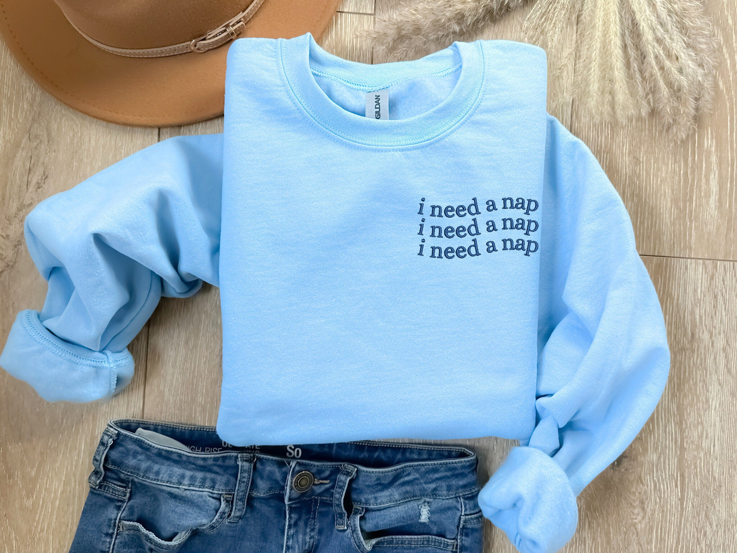 Embroidered I Need A Nap Sweatshirt, Comfy Sleep Crewneck, Oversized, Afternoon Nap, Love Sleeping, Mental Health Break, Always Tired Sweate