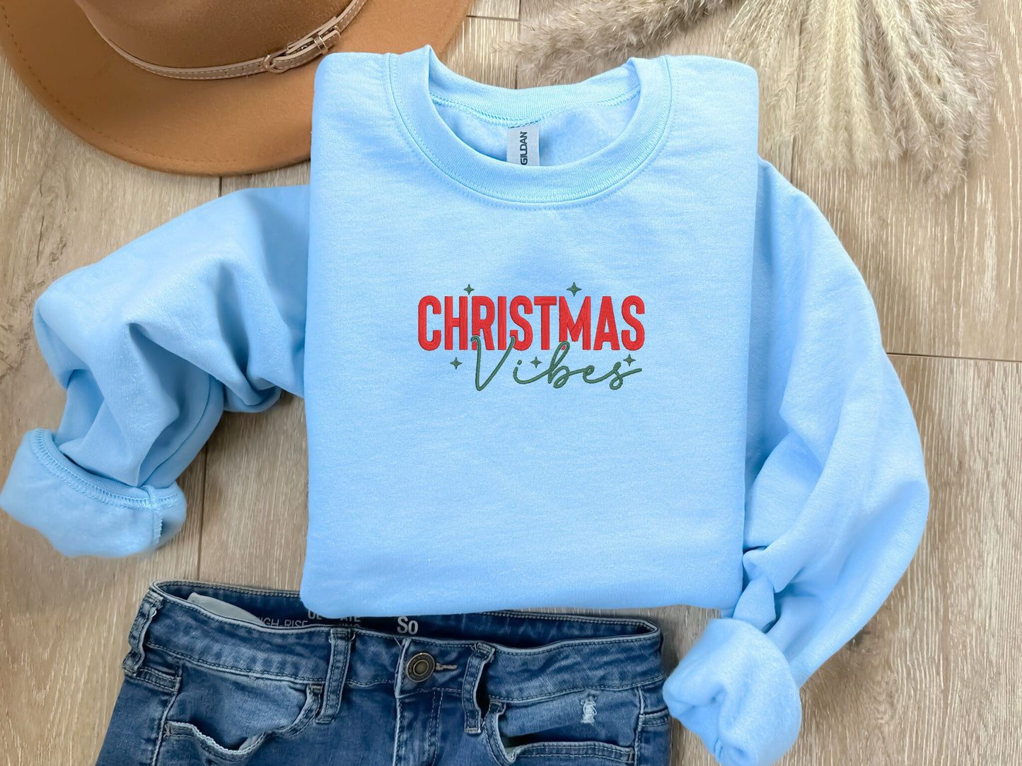 EMBROIDERED | Christmas Vibes Sweatshirt, Embroidered Christmas Sweater, Cute Holiday Crewneck, Festive AF, Happy Holidays, Winter Sweater