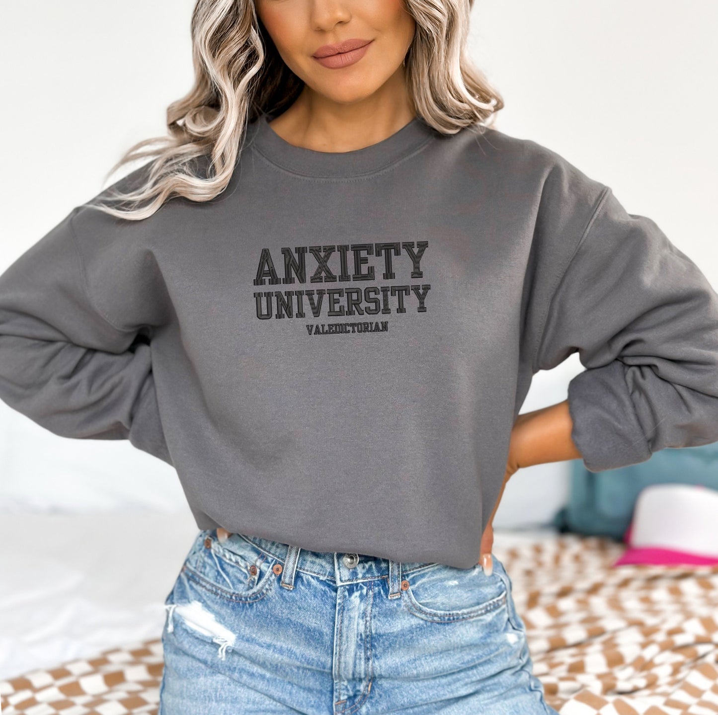 EMBROIDERED Anxiety University Sweatshirt, Valedictorian, Honors Program, Mental Health Shirts, Anxiety Sweater, College Sweatshirt, Gift