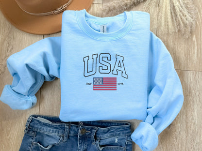 EMBROIDERED USA Flag Sweatshirt, USA Crewneck, Patriotic Sweater, Flag Sweatshirt, American Crewneck, American Flag, College, United States