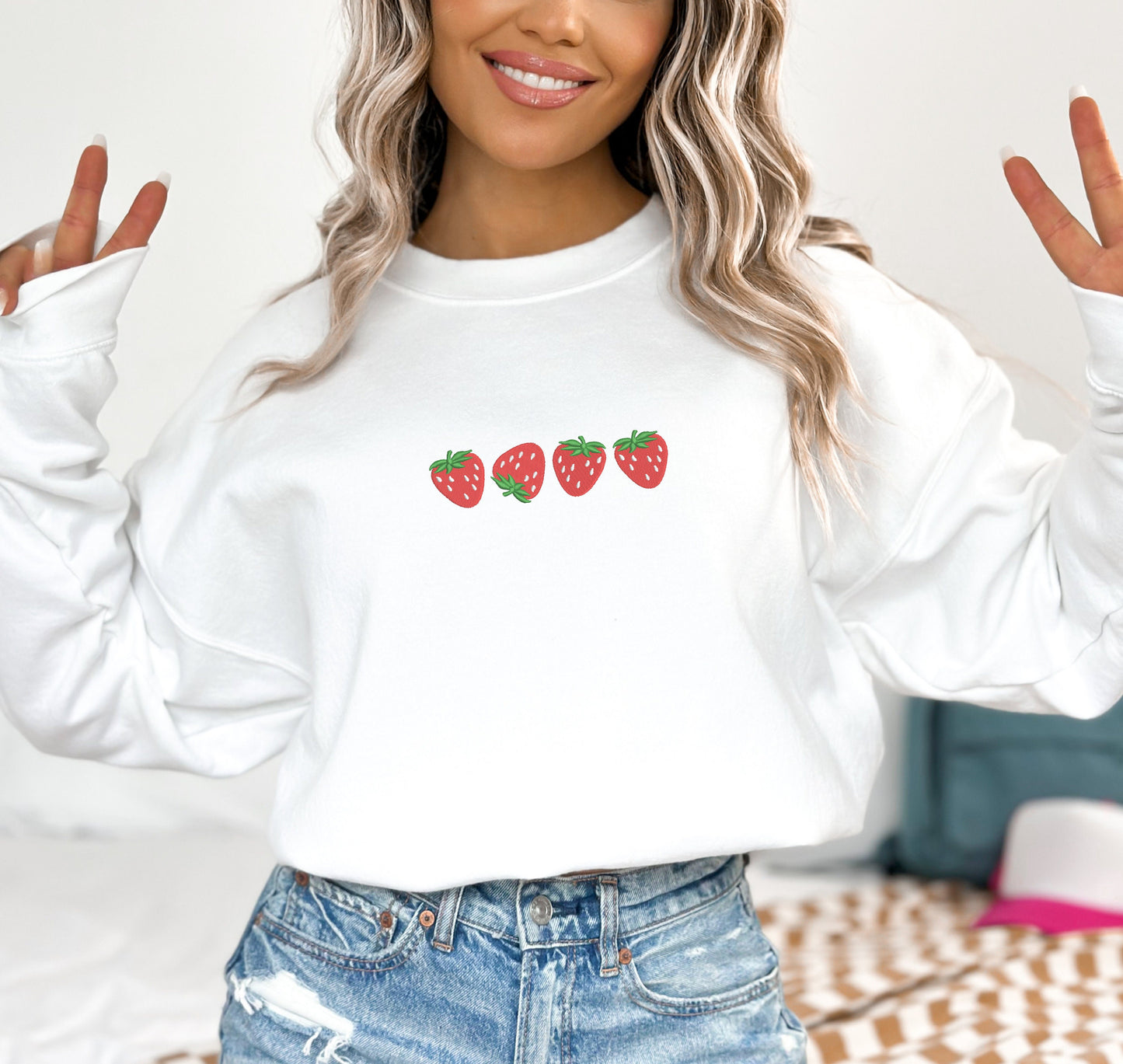 EMBROIDERED Strawberry Sweatshirt, Cozy Chic Stlye, Gift for her, Strawberry Shirt, Fruit Birthday Gift, Women's Sweater, Personalized Gift