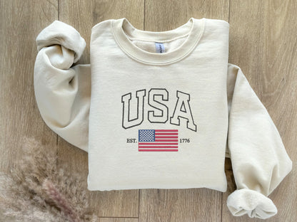 EMBROIDERED USA Flag Sweatshirt, USA Crewneck, Patriotic Sweater, Flag Sweatshirt, American Crewneck, American Flag, College, United States