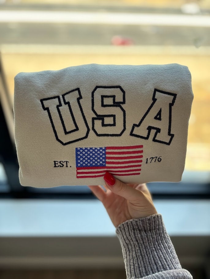 EMBROIDERED USA Flag Sweatshirt, USA Crewneck, Patriotic Sweater, Flag Sweatshirt, American Crewneck, American Flag, College, United States