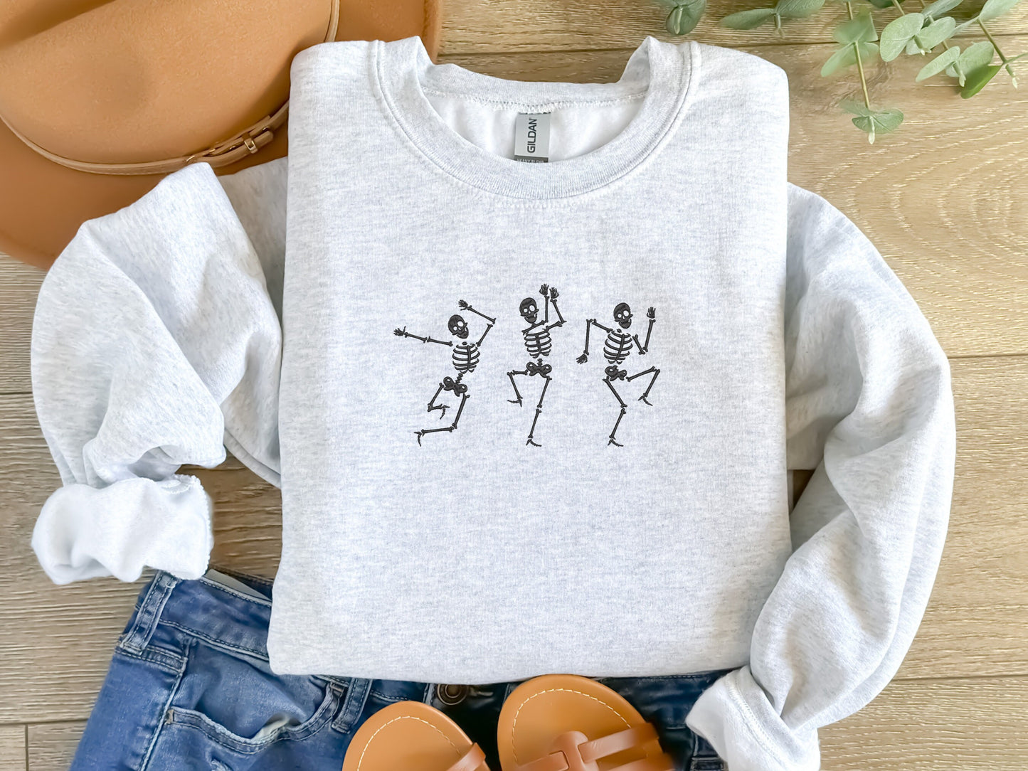 EMBROIDERED Dancing Skeleton Sweatshirt, Dainty Skeletons, Halloween Crewneck, Spooky Season, Fall Sweatshirt, Halloween Party Costume, Danc