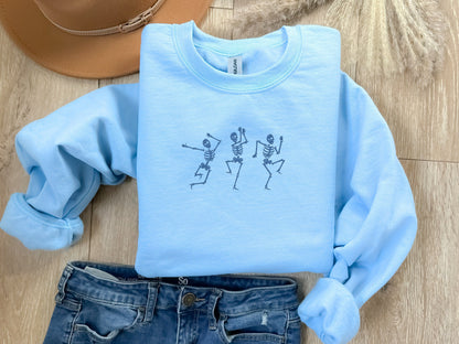 EMBROIDERED Dancing Skeleton Sweatshirt, Dainty Skeletons, Halloween Crewneck, Spooky Season, Fall Sweatshirt, Halloween Party Costume, Danc