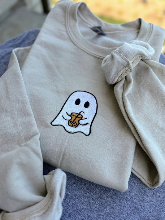 Ghost Coffee Embroidered Sweatshirt, Iced Coffee Halloween Crewneck, Boba Tea, Fall Sweatshirt, Gift for Coffee Lovers, Little Ghost Sweater