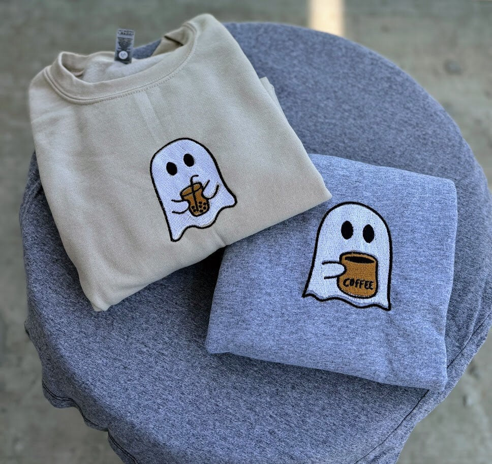 Ghost Coffee Embroidered Sweatshirt, Iced Coffee Halloween Crewneck, Boba Tea, Fall Sweatshirt, Gift for Coffee Lovers, Little Ghost Sweater