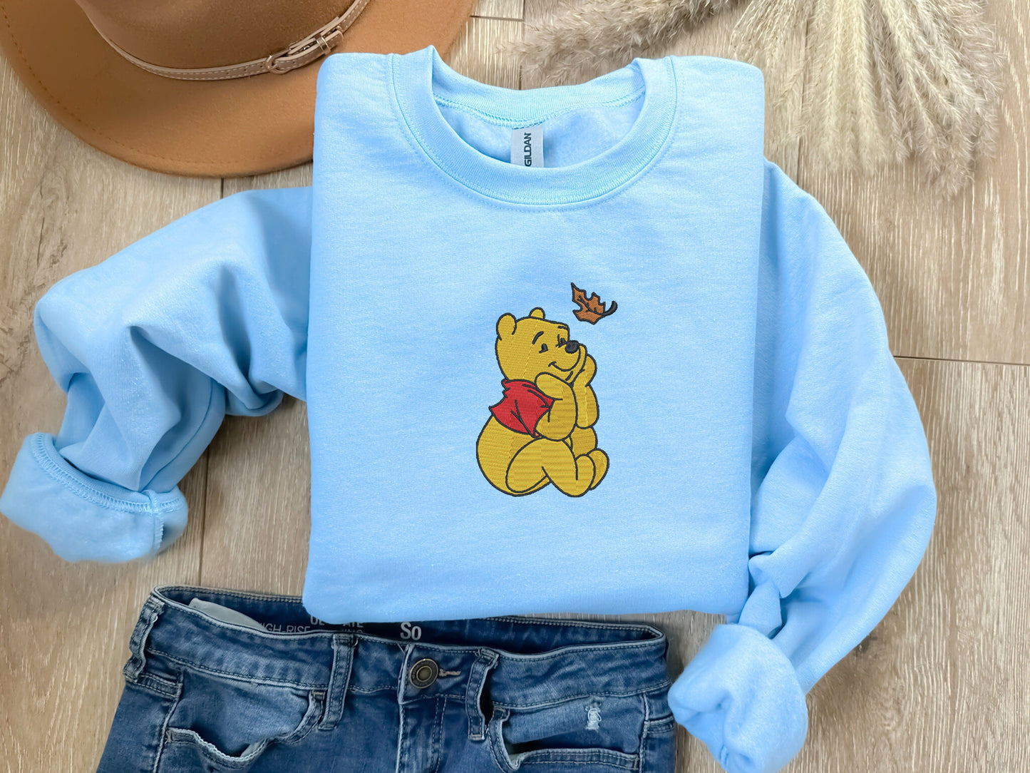 EMBROIDERED Winnie The Pooh Fall Leaf Embroidered Sweatshirt, Halloween Sweatshirt, Thanksgiving Shirt, Autumn Sweatshirt, Pumpkin Shirt