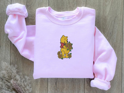 EMBROIDERED Sunflower Winnie The Pooh Embroidered Sweatshirt, Cozy Fall Apparel, Cute Autumn Sweater, Cute Pooh Bear Top, Halloween Sweater