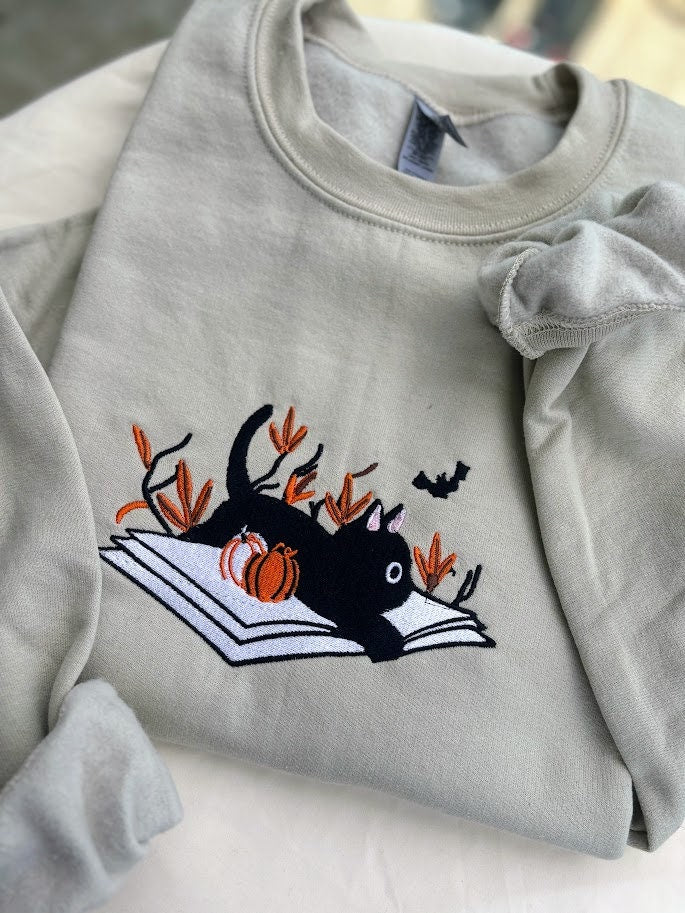 Fall Bookish Cat - Embroidered Sweatshirt