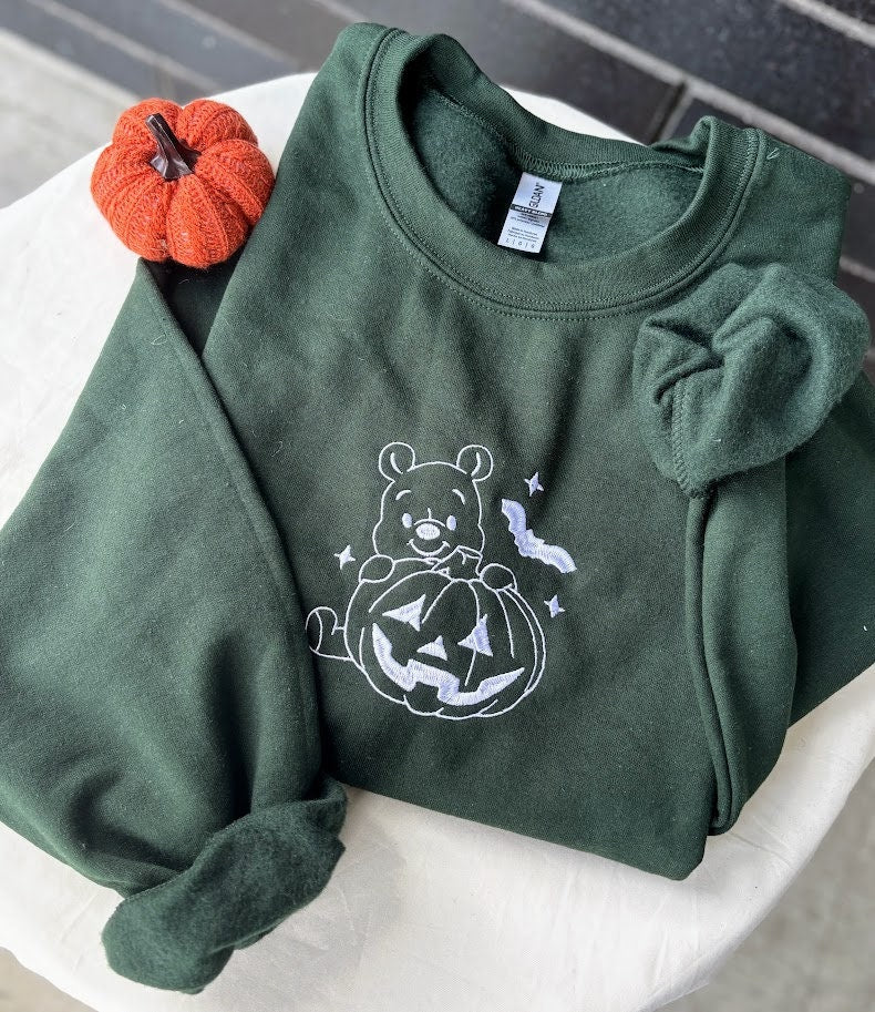 Halloween Winnie The Pooh Embroidered Sweatshirt, Fall Pumpkin Shirt, Jack O' Lantern, Spooky Season, Gift for Her and Him, Vintage Sweater