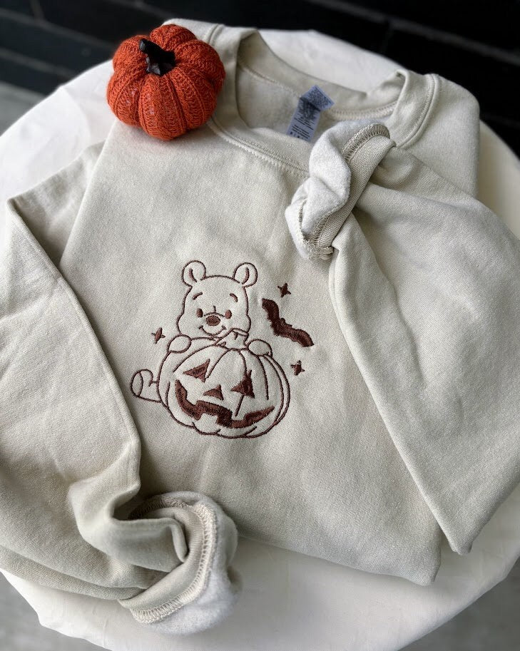 Halloween Winnie The Pooh Embroidered Sweatshirt, Fall Pumpkin Shirt, Jack O' Lantern, Spooky Season, Gift for Her and Him, Vintage Sweater