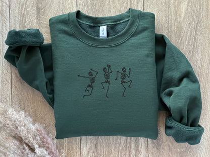 EMBROIDERED Dancing Skeleton Sweatshirt, Dainty Skeletons, Halloween Crewneck, Spooky Season, Fall Sweatshirt, Halloween Party Costume, Danc