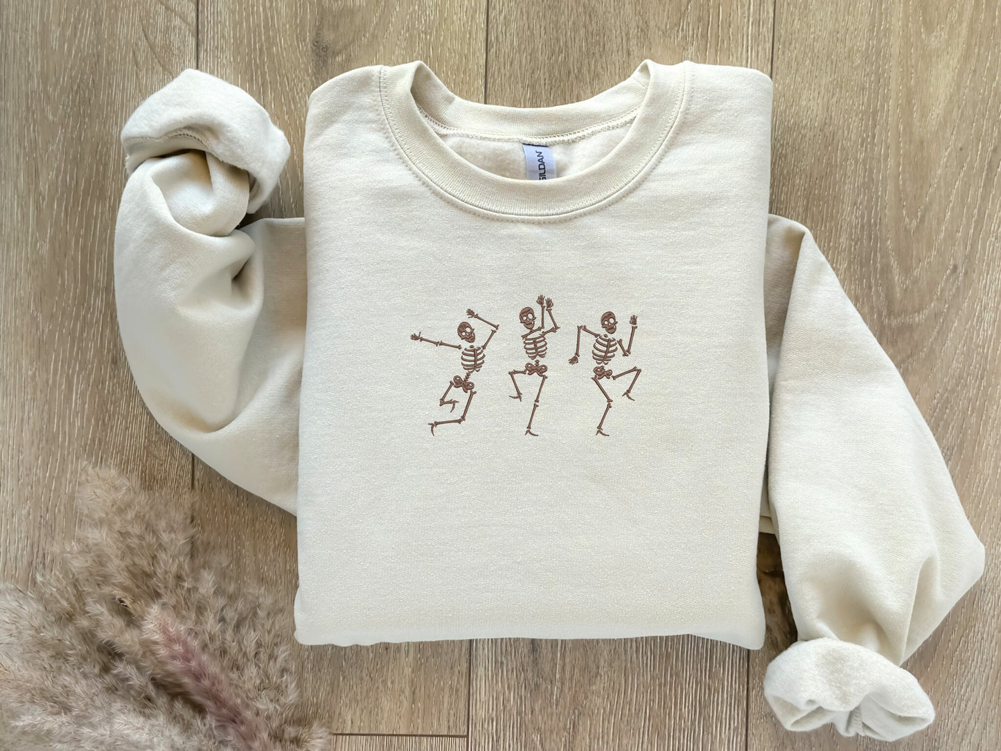 EMBROIDERED Dancing Skeleton Sweatshirt, Dainty Skeletons, Halloween Crewneck, Spooky Season, Fall Sweatshirt, Halloween Party Costume, Danc