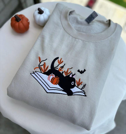 Fall Bookish Cat - Embroidered Sweatshirt