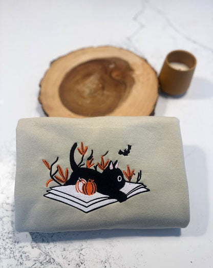 Fall Bookish Cat - Embroidered Sweatshirt