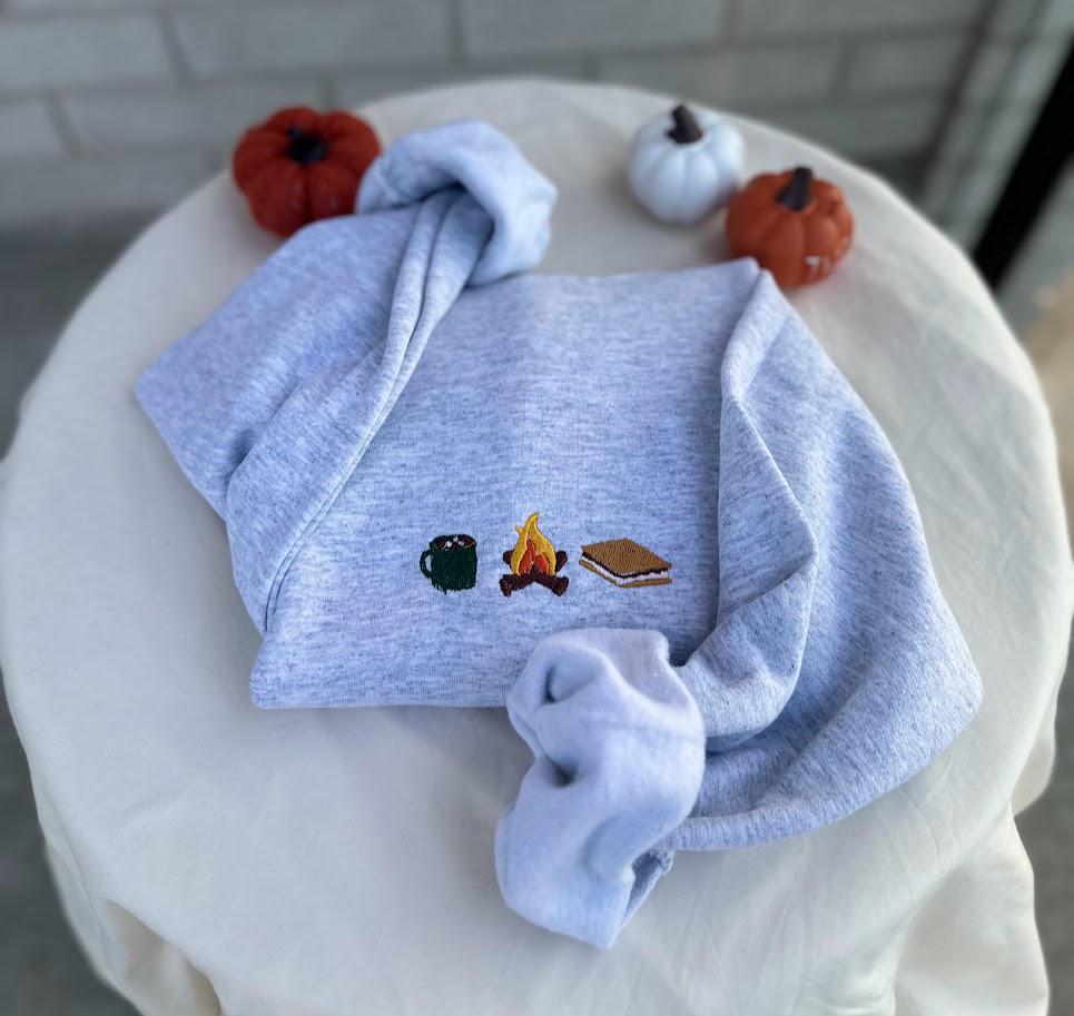 Smores Hot Chocolate Campfire Embroidered Fall Sweatshirt, Camping Lover Gift, Cozy Camping Sweatshirt, Fall Autumn Sweatshirt Crewneck