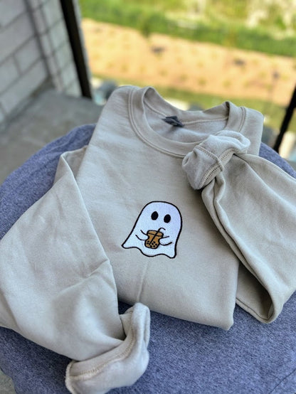 Ghost Coffee Embroidered Sweatshirt, Iced Coffee Halloween Crewneck, Boba Tea, Fall Sweatshirt, Gift for Coffee Lovers, Little Ghost Sweater