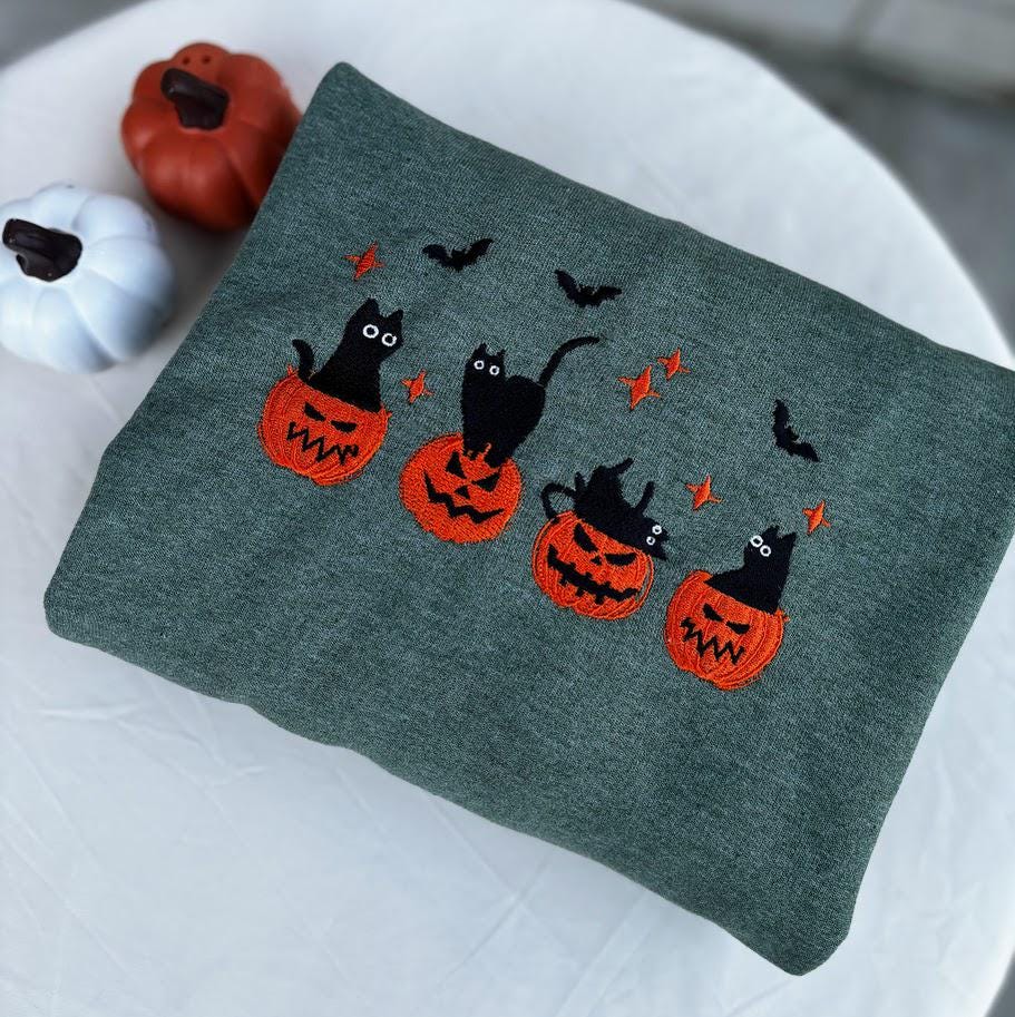 EMBROIDERED Black Cat Sweatshirt, Pumpkin Jack O' Lantern, Cat Ghost Shirt, Gift For Cat Lovers, Fall Sweatshirt for Women and Men, Crewneck