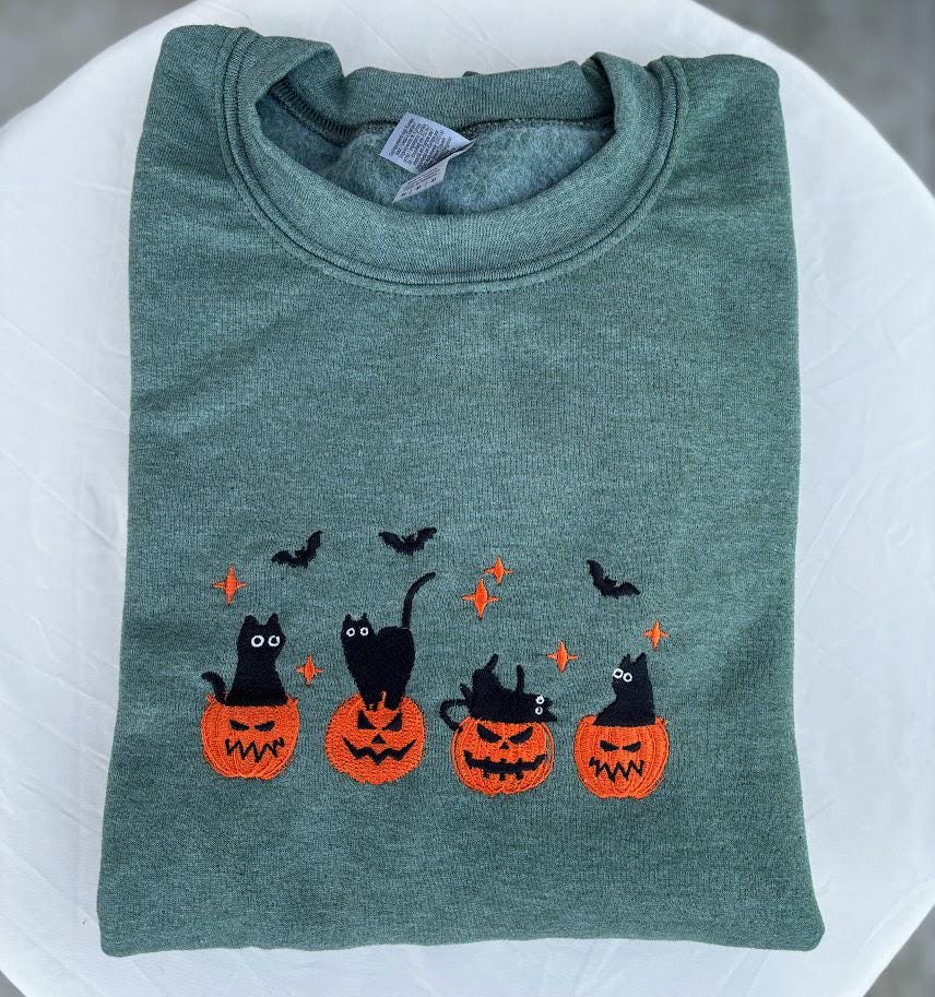 EMBROIDERED Black Cat Sweatshirt, Pumpkin Jack O' Lantern, Cat Ghost Shirt, Gift For Cat Lovers, Fall Sweatshirt for Women and Men, Crewneck