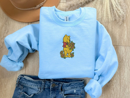 EMBROIDERED Sunflower Winnie The Pooh Embroidered Sweatshirt, Cozy Fall Apparel, Cute Autumn Sweater, Cute Pooh Bear Top, Halloween Sweater