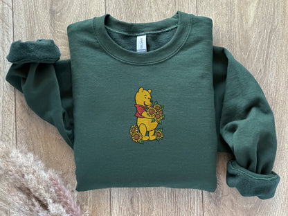 EMBROIDERED Sunflower Winnie The Pooh Embroidered Sweatshirt, Cozy Fall Apparel, Cute Autumn Sweater, Cute Pooh Bear Top, Halloween Sweater