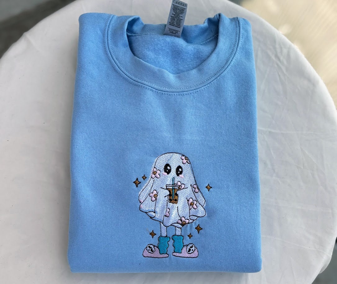 Embroidered Ghost Drinking Coffee Sweatshirt, Cozy Halloween Apparel, Cute Spooky Season Sweater, Fall Fashion Coffee Lovers, Halloween Gift