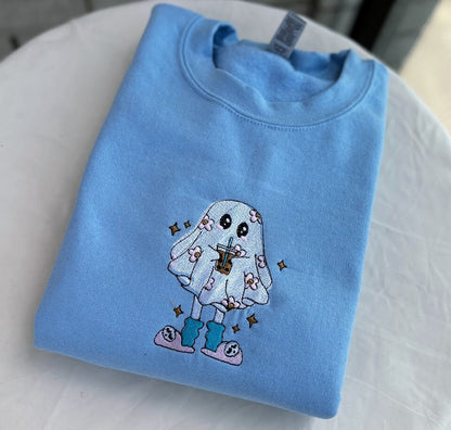 Embroidered Ghost Drinking Coffee Sweatshirt, Cozy Halloween Apparel, Cute Spooky Season Sweater, Fall Fashion Coffee Lovers, Halloween Gift