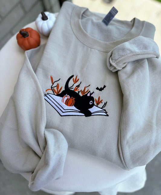 Fall Bookish Cat - Embroidered Sweatshirt