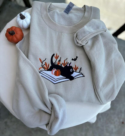 Fall Bookish Cat - Embroidered Sweatshirt