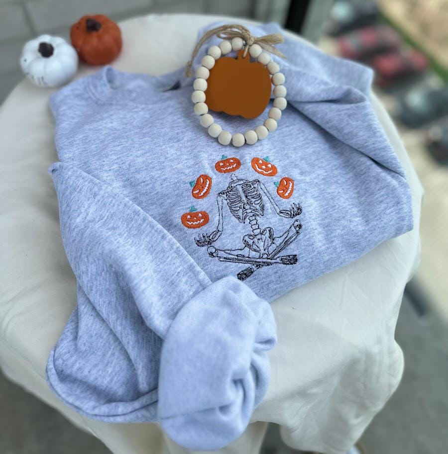 EMBROIDERED Jack O' Lantern Skeleton Sweatshirt, Halloween Sweatshirt, Spooky Season, Dancing Skeleton, Fall Sweatshirt, Pumpkin Sweater